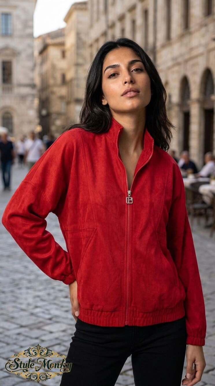 Vintage Red Bomber Jacket with Mock Neck
